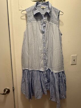 Lucky brand Sleeveless Striped Button-Down Tunic Dress in Light Blue & White
